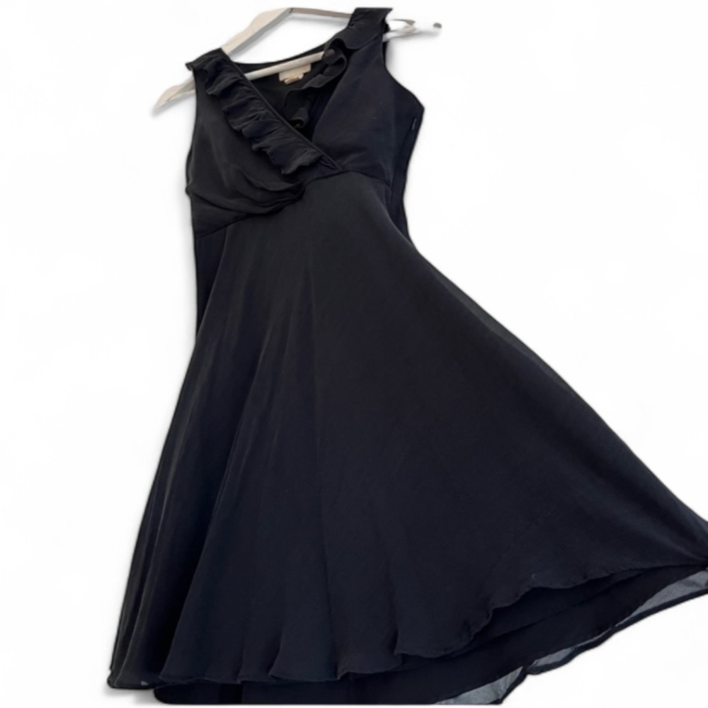 J. Crew 100% Silk Empire Waist Cocktail Midi Dress Black Ruffles A-line Sz 2